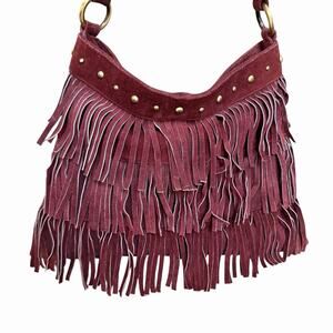 Unbranded Maroon Genuine Suede Fringe Shoulder Bag Boho Western Hippie